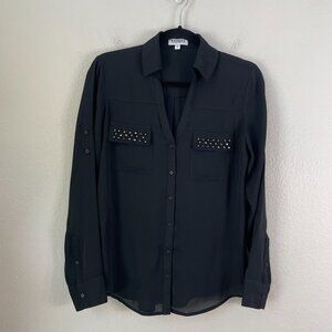 Express Portofino Shirt Womens Small Black Embellished Pockets Roll Tab Sleeve